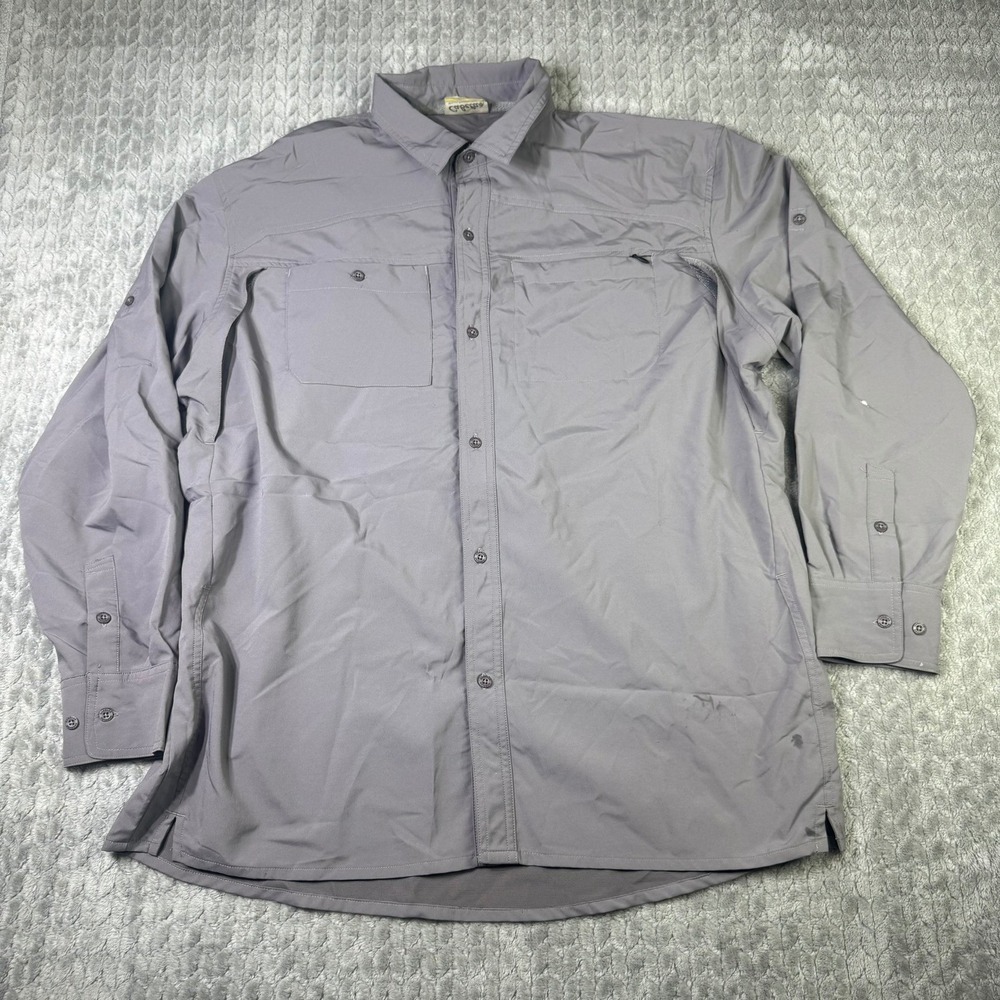 Cabelas Mens XL Gray Long Sleeve Ventilated Fishing Hiking Shirt Roll Tab Sleeve